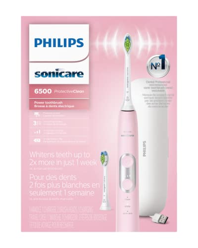 Philips Sonicare ProtectiveClean 6500 Rechargeable Electric Toothbrush, with Pressure Sensor, 3 Cleaning Modes, SmarTimer and QuadPacer, 14-Day Battery Life, Charging Travel Case, Pink, HX6462/06