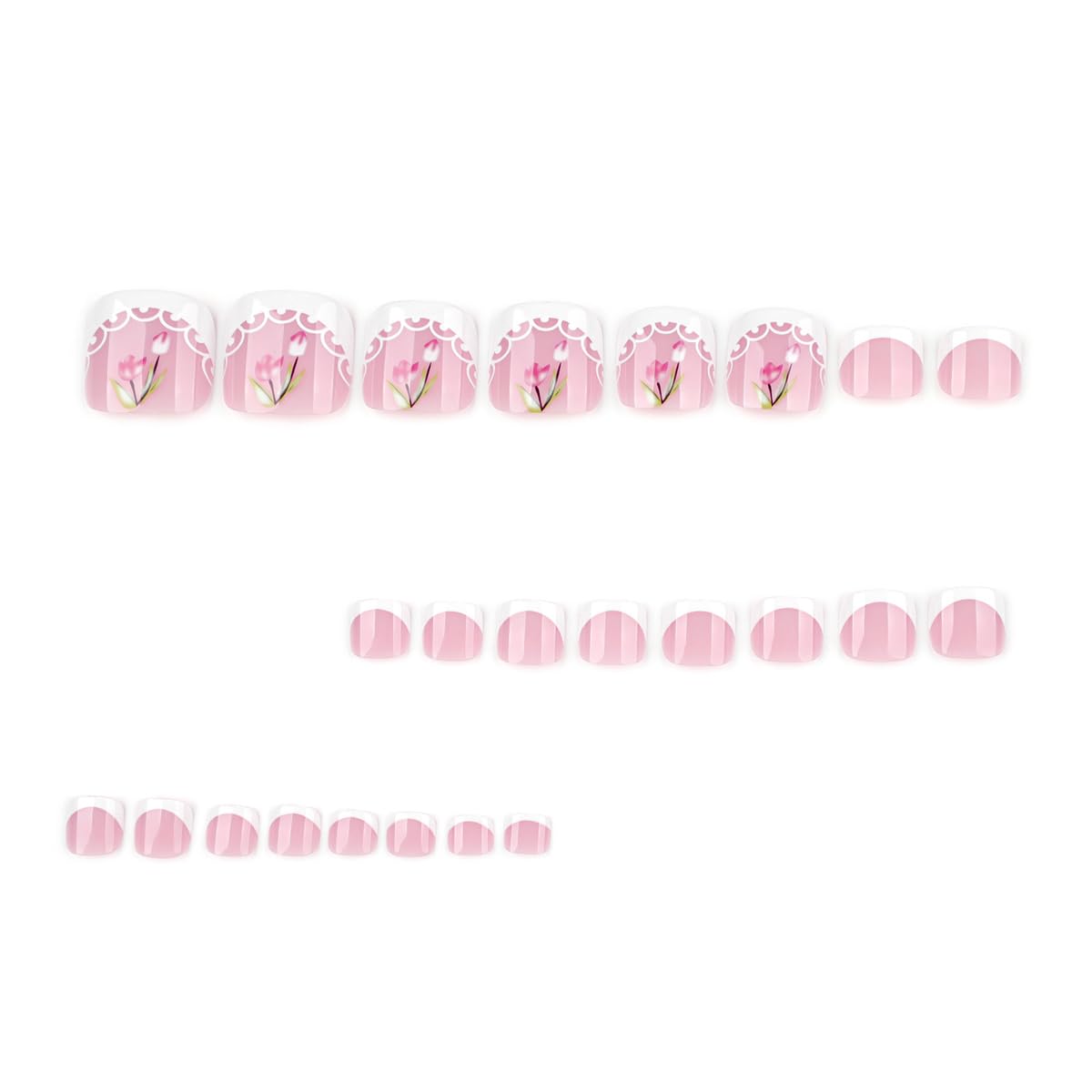 Press on Nails and Toenails Set - 48Pcs Medium Almond French Tip Fake Nails, Nude Pink Base with Tulip Floral Design, Reusable Glue on Nails for Women, Spring Summer Manicure & Pedicure Nail Kit