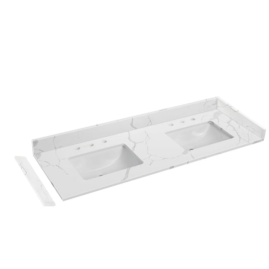 EQLOO 60 in.W x 22 in.D Quartz Calacatta River Vanity Top,with Undermount Double Sink Vanity Top,with Two Sidesplash & One Backsplash,8 Inch Faucet Hole Spread Bathroom Vanity Sink Countertop