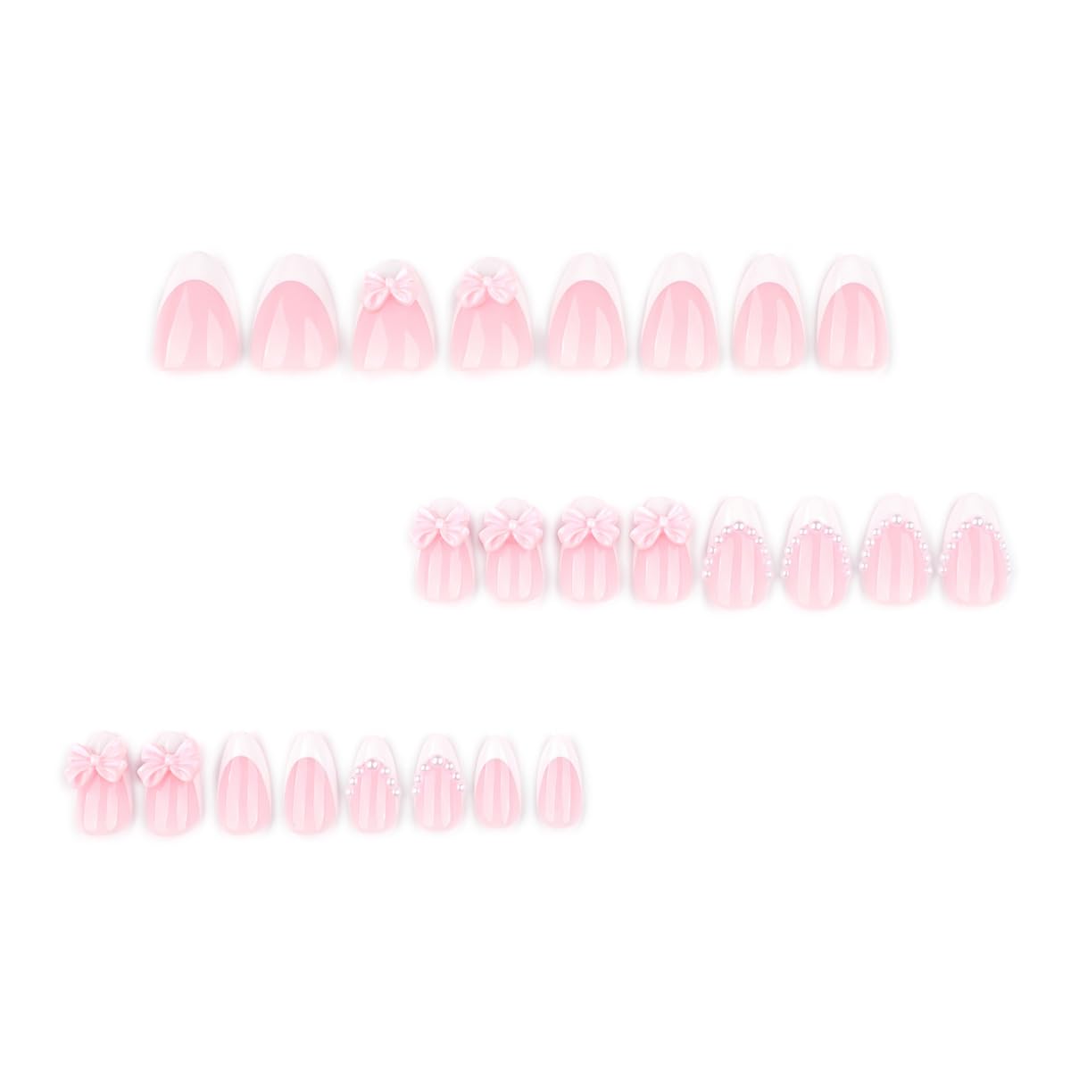 French Tip Press on Nails Short Almond Fake Nails Cute Pink White Nails Press ons with Bow Pearls Design Reusable Artificial Nail Full Cover Stick on Nails for Women Manicure 24Pcs