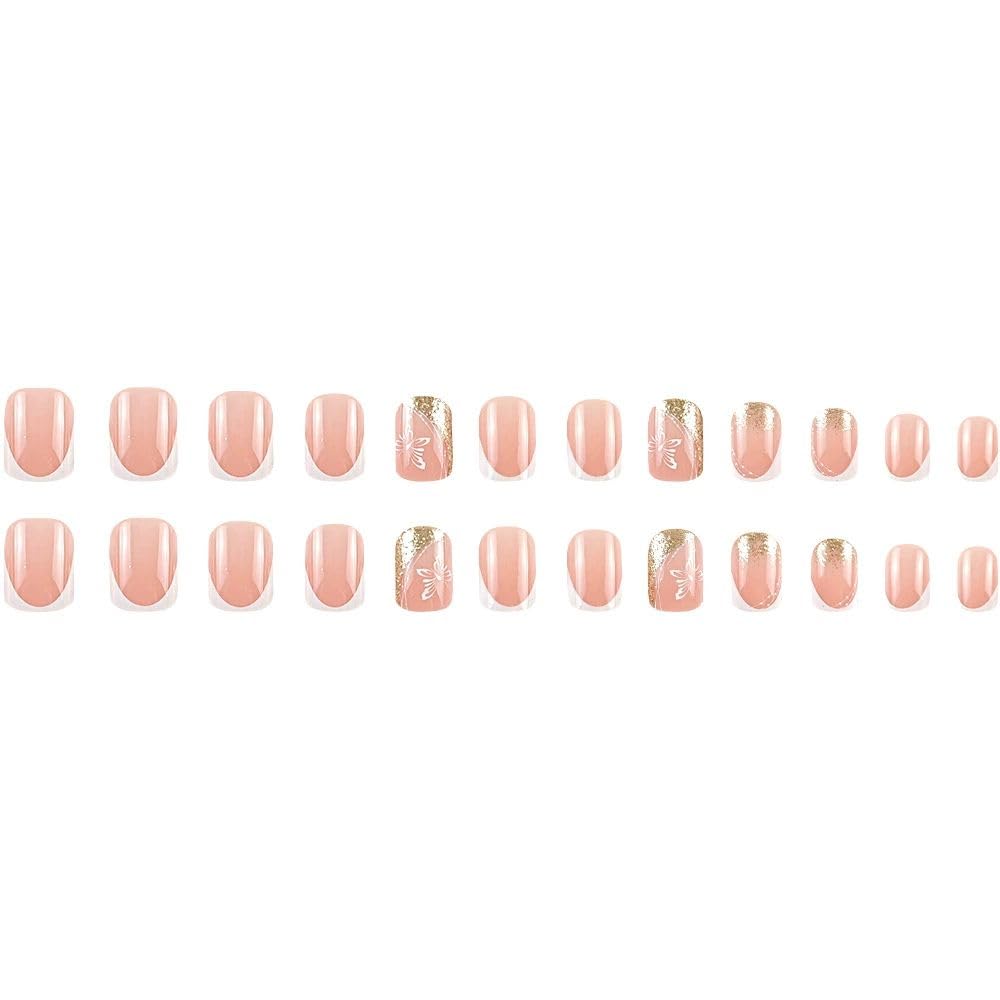 QQPPOLIU Short French Tip Press on Nails with Flower Design Glitter Full Cover Nails Cute Acrylic Nails for Women and Girls 24pcs