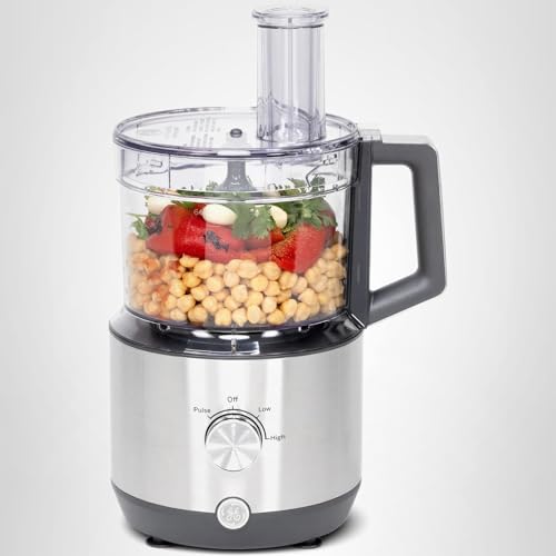 GE Food Processor | 12 Cup | Complete With 3 Feeding Tubes & Stainless Steel Accessories - 3 Discs + Dough Blade | 3 Speed | Great for Shredded Cheese, Chicken & More | Kitchen Essentials | 550 Watts