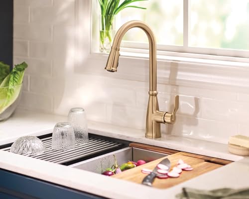 Moen Nolia Brushed Gold Kitchen Faucet with Soap Dispenser, Pull Down Sprayer with Power Boost, Transitional High Arc Kitchen Faucet, One-Handle Easy Installation, 87071BZG