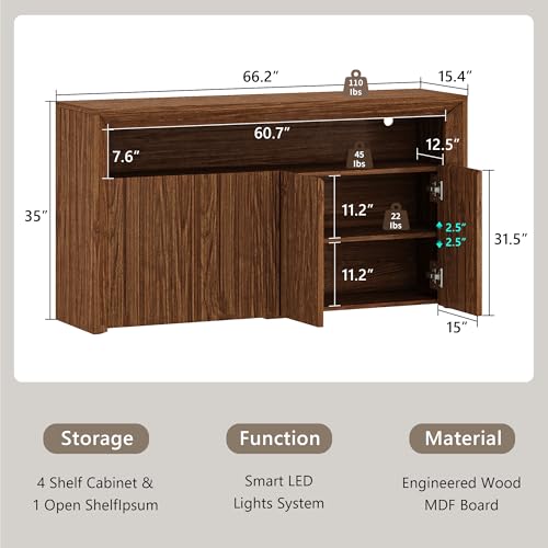 Feonase 66.2" Buffet Cabinet with Storage & Led Lights, Modern Sideboard Cabinet with 4 Doors & Shelves, Fluted Media Console Mid Century, Coffee Bar Table for Living Room Kitchen Dining Room, Walnut