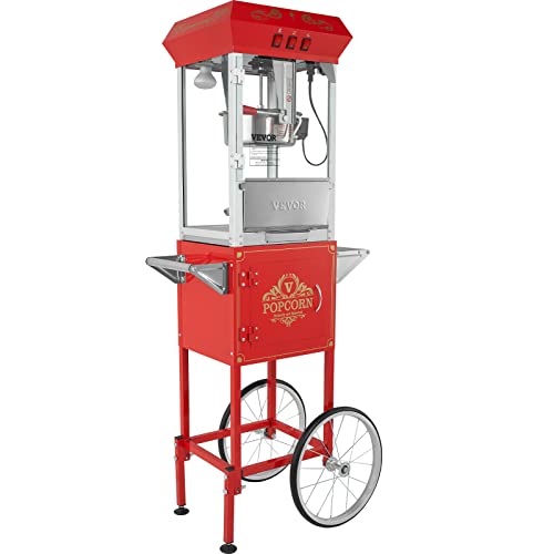 VEVOR Commercial Popcorn Machine, 8 Oz Kettle, 850 W Popcorn Maker on Wheels for 48 Cups per Batch, Theater Style Popper with 3-Switch Control Steel Frame Tempered Glass Doors Cart 1 Scoop 2 Spoons