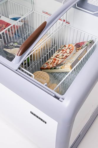 Frigidaire Commercial Chest Freezer for Ice Cream and Frozen Foods, Store Displayer, Glass Top Storage Case, 9 Cu. Ft. Bin, Rolling Caster Wheels, Adjustable Temperature, Energy Efficient Cooling