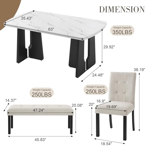 Merax 6-Piece Dining Table Set with Modern Faux Marble Oval Kitchen Tabletop, Four Upholstered Chairs and One Bench for Dining, Living Room, Kitchen, Easy Assembly, White+Beige