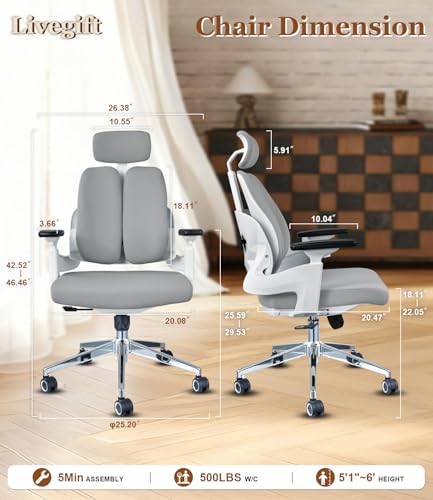Livegift Ergonomic Gaming Chair with Dual Backrest Office Chair for Back Support, 500LB Heavy Duty Computer Desk Chair, Adjustable Lumbar Support,Home Office Chair for Gamers and Programmers