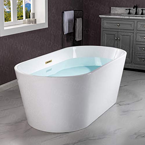 WOODBRIDGE 67" Acrylic Freestanding Bathtub Contemporary Soaking White Tub with Brushed Gold Overflow and Drain，B0013-BG