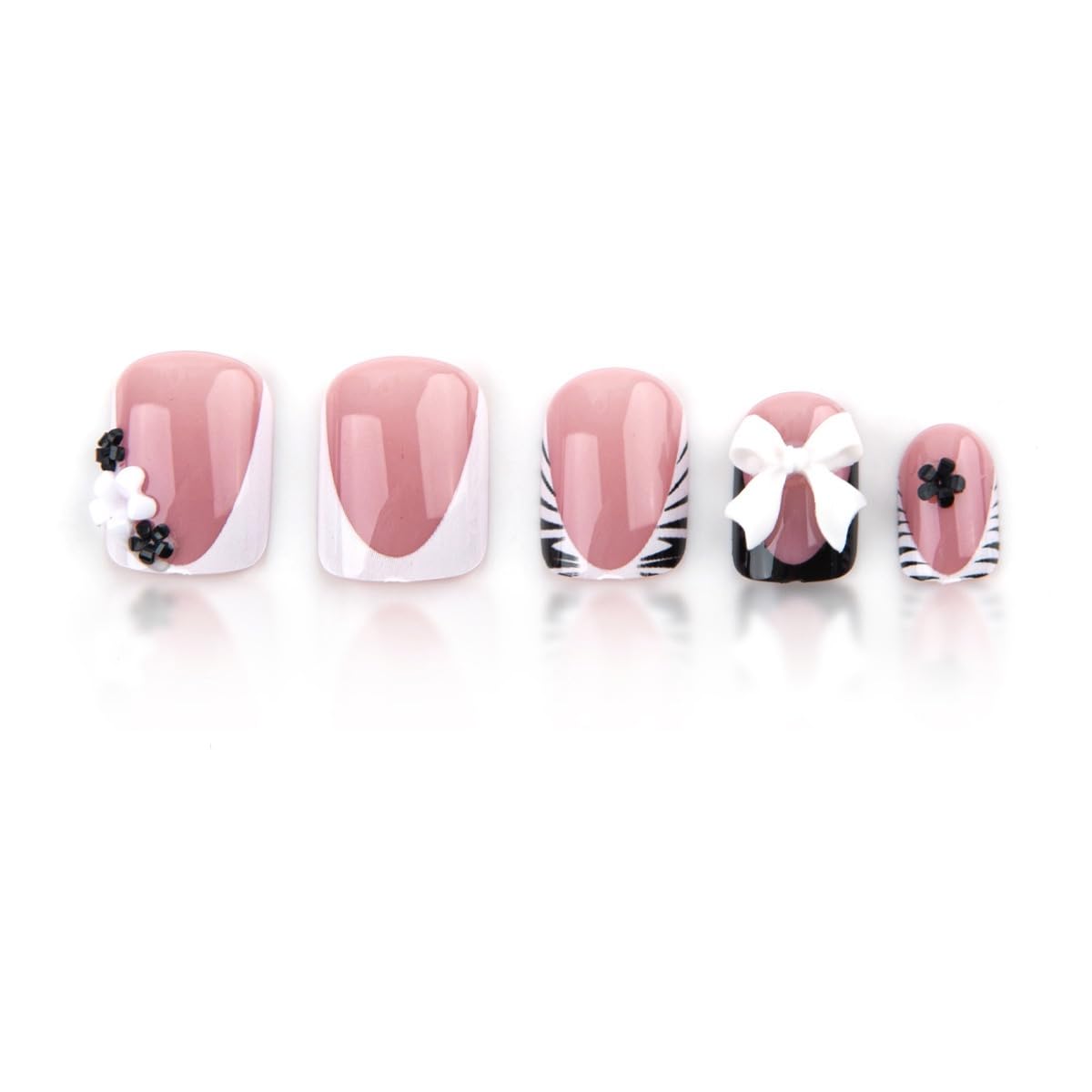 CTTHNBD Press on Nails Short - Square Fake Nails with Bow Floral Charms Design - Zebra Stripes French Tip False Nails - for Women 24 Pcs