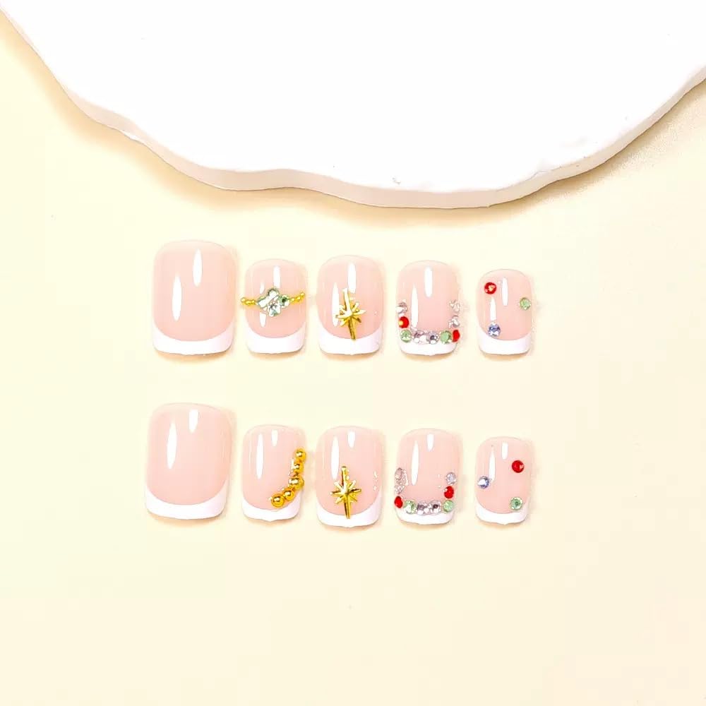 CTTHNBD Square Press on Nails Short - White French Tip Fake Nails with Starburst Design - Rhinestone Full Cover False Nails for Women 24 Pcx