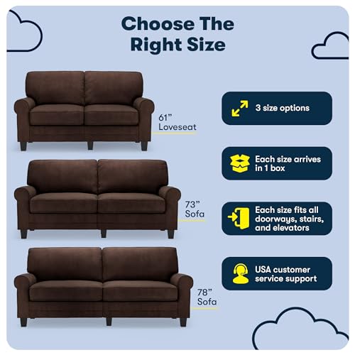 Serta Copenhagen 61" Rolled Arm Sofa, Easy Care Polyester, Soft Pillow Back, Pocket Coil Seat Cushions, Removable Covers, Loveseat or Couch for Small Spaces, Living Rooms or Bedrooms, Brown