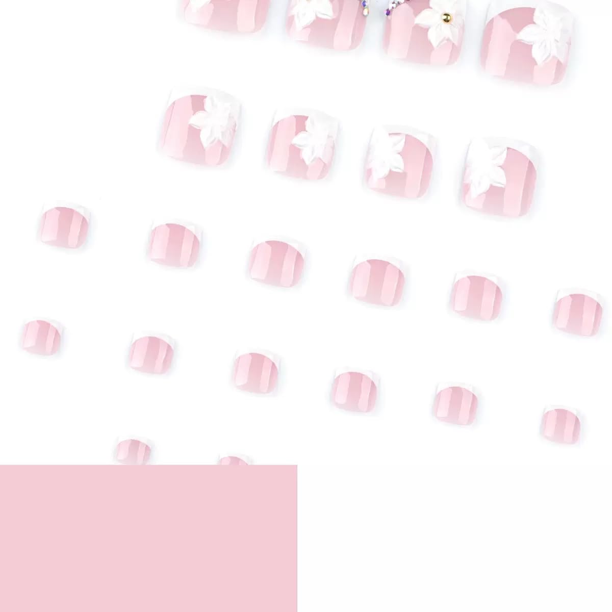 White French Tip Press on Toenails - Short Square Fake Toenails with Flwoer Design - Rhinestone, Summer Press on Toe Nails - for Women 24 Pcs
