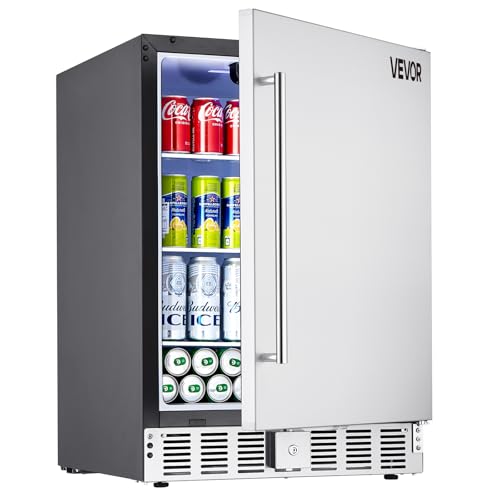 VEVOR 24-Inch Outdoor Beverage Refrigerator, 150 QT Built-in Drink Fridge, 0.56 kWh/Day Energy-Efficient Cooler with 304 Stainless Steel Door, Holds 180 Cans for Outdoor Kitchen, Home Bar, Patio