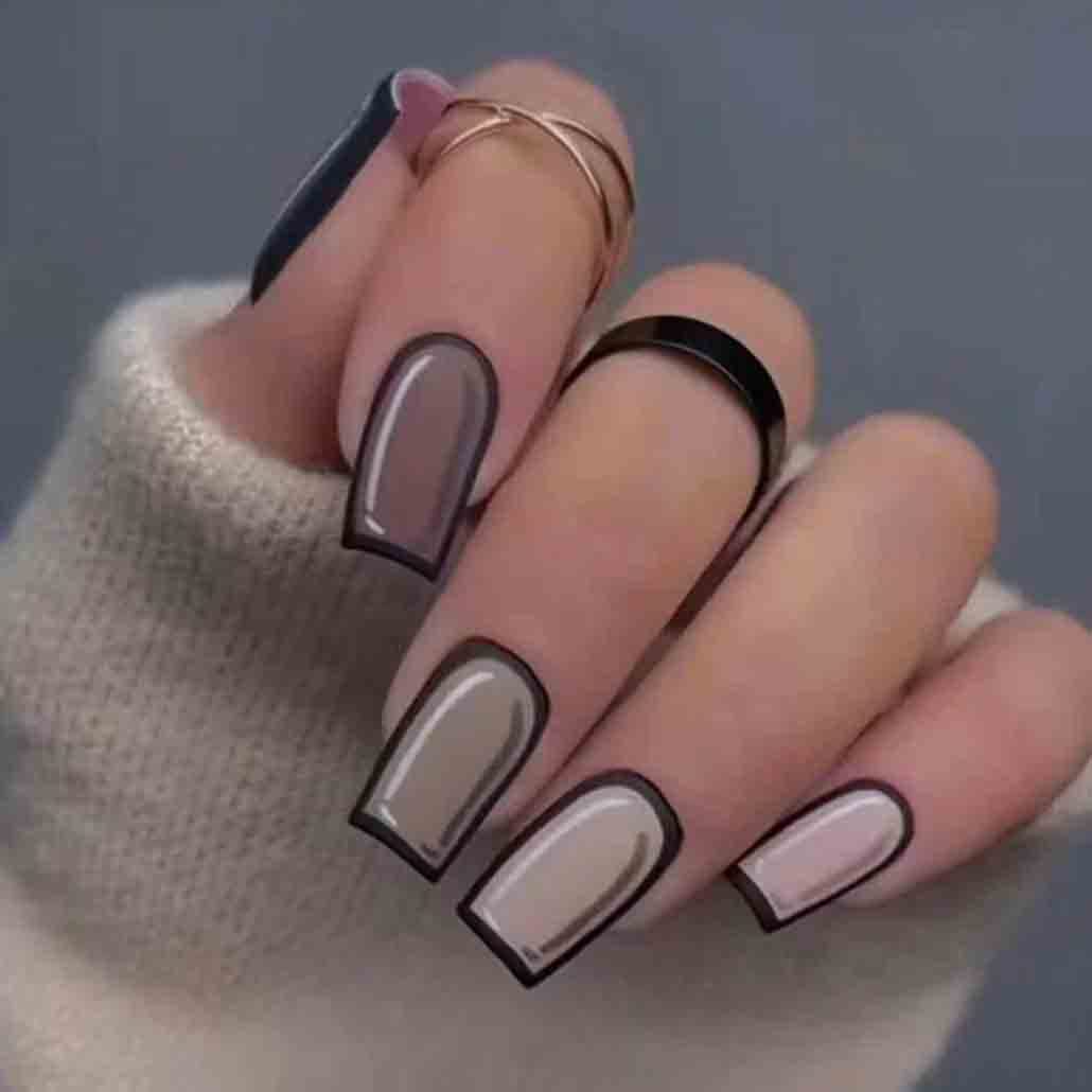 Foccna Black Press on Nails Comic Medium Long, Acrylic Fake Nails Square Cartoon False Nails,Artificial Nails for Women and Girls 24 pcs