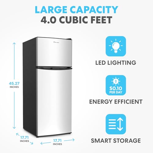 Simpli-Magic 4.0 Cu.Ft. Mini Fridge with Freezer – Compact Double Door Refrigerator for Dorm, Office, Bedroom – Adjustable Thermostat, Energy Efficient, Stainless Steel