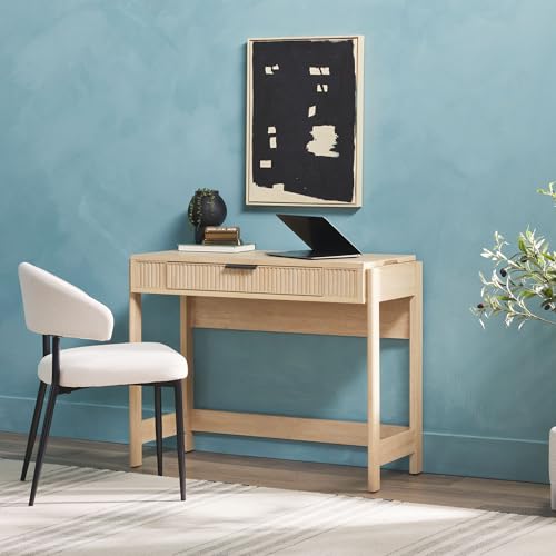 WALKER EDISON Transitional Style Furniture, Reeded Detail, Lift-Top Desk with Drawer and Storage Cubby, Sitting to Standing Desk, Soft Self-Close Desktop, 38”W x 16.75”D x 30”H, Coastal Oak