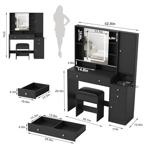 Vabches Vanity Desk with Mirror and Lights, Vanity Table Makeup Vanity with Lights 3 Drawers and Cabinets, Charging Station & Sliding Door, Lots Storage Shelves