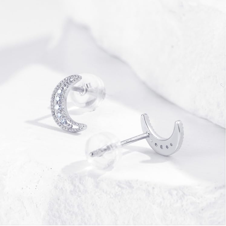 14K White Gold North Star Moon Necklace and Stud Earrings Set for Women