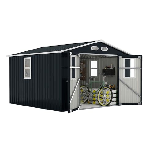 YOPTO 8x8 SF Outdoor Storage Shed,Metal Shed with Lockable Doors & 4 Daylight Windows,Garden Tool Shed w/Air Vents & Sloped Roof, Ideal for Backyard,Patio,Lawn,Dark Gray