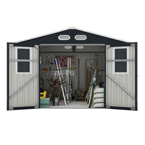 YOPTO 8x8 SF Outdoor Storage Shed,Metal Shed with Lockable Doors & 4 Daylight Windows,Garden Tool Shed w/Air Vents & Sloped Roof, Ideal for Backyard,Patio,Lawn,Dark Gray