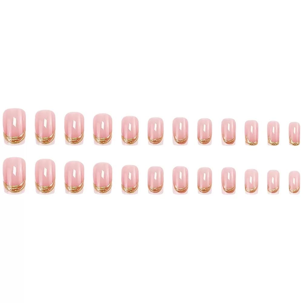 Square Press on Nails Medium - White French Tip Fake Nails with Gold Stripes Design - Glossy Full Cover Stick on Nails - for Women 24 Pcs