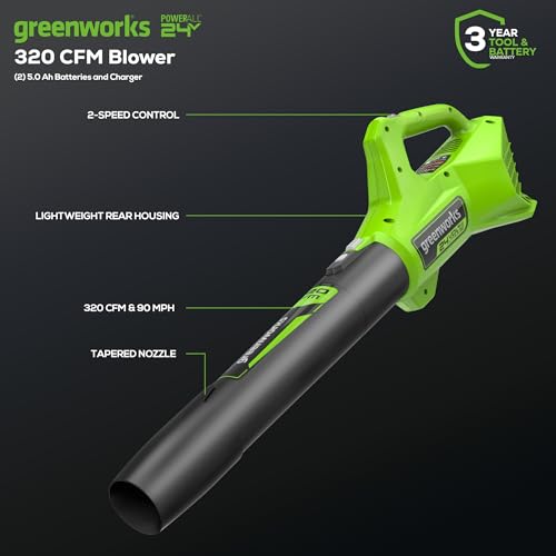 Greenworks 48V (24V x 2) 21" Brushless Self-Propelled Mower+12" String Trimmer+320CFM Blower,(2) 5.0Ah Batteries and 4A Dual Port Charger
