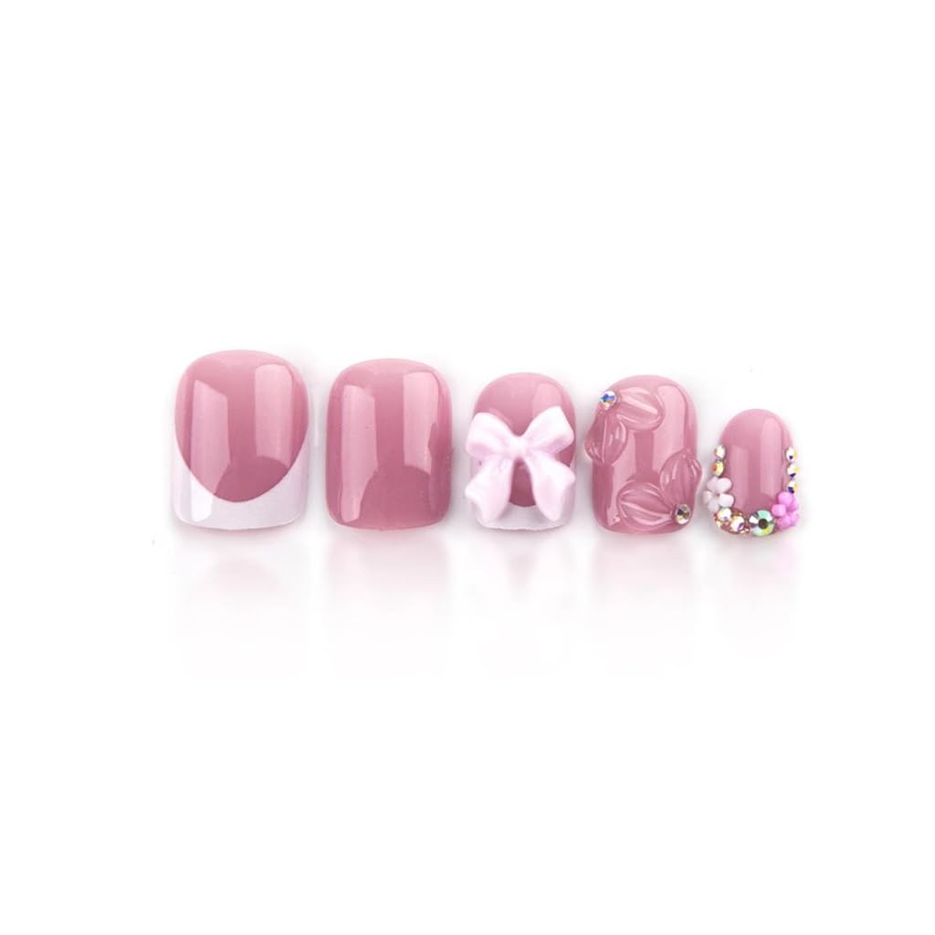 Pink Press on Short Square Fake Nails with 3D Bow Charms Design - Flower False Glue on Cute Acrylic Rhinestone Glossy Full Cover Stick on for Women Manicure - 24Pcs