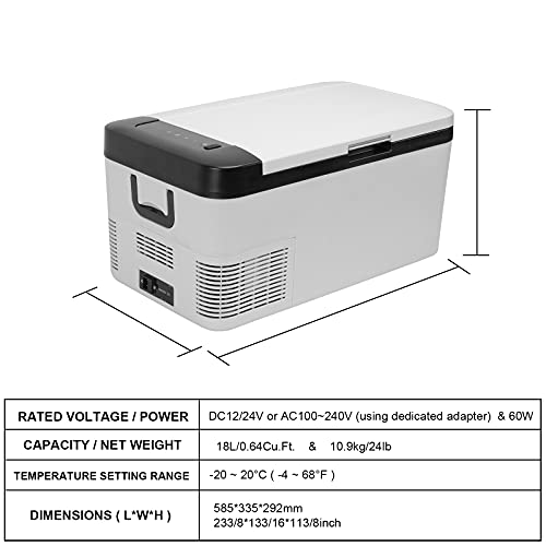 I1MOTOR Portable Car Refrigerator Freezer 12/24V DC and 110-240V AC (-4°F~68°F) 18L /19 Quart Mini Fridge Cooler for RV Van Vehicle Boat Traveling Outdoor Picnic BBQ Camping Fishing