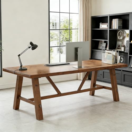 LITTLE TREE 70.87" Long Large Wood Desks, Solid Wood Office Desk, Farmhouse Executive Computer Desk, Home Office Workstaticon, Work Writing Table, Rustic Brown