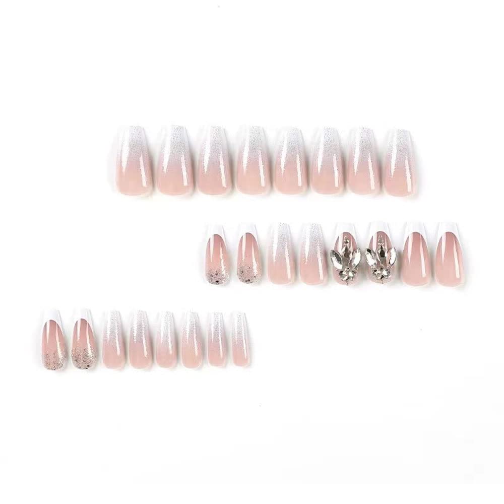 Magrace Long Square Press on Nails Fake Nails French Tips False Nails with Designs Rhinestone 24 pcs Stick on Nails for Women