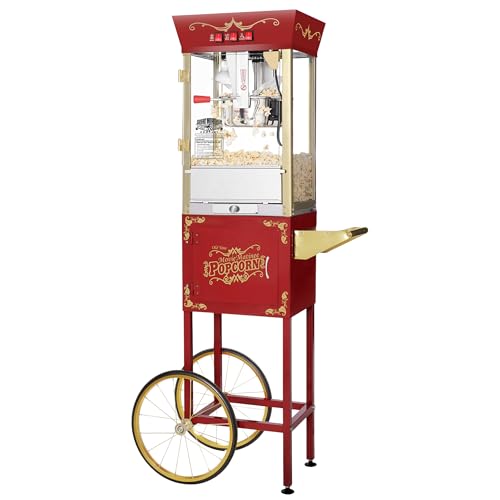 Matinee Popcorn Machine and Cart – 3 Gallon Popcorn Popper, 8oz Kettle, Warmer, and 5 All-In-One Kernel Packs by Great Northern Popcorn (Red)