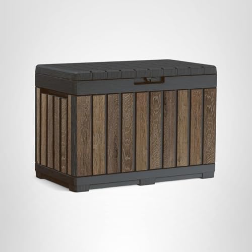 Keter Signature Everwood 50 Gallon Resin Deck Box for Outdoor Storage – Weather‑Resistant Balcony & Patio Box for Cushions, Throw Pillows & Garden Tools, Walnut