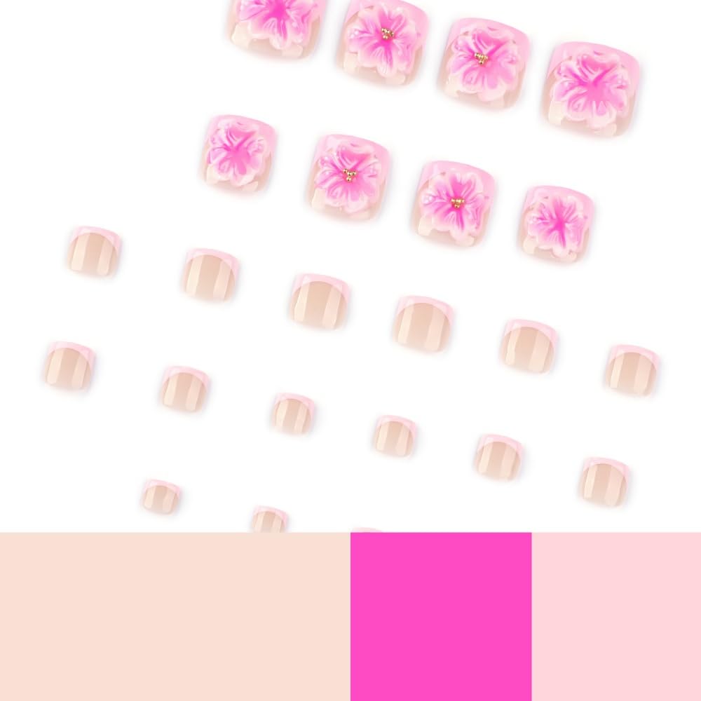 Press on Toenails Flower Fake Toenails Pink False Toe nails Press ons with Design 3D Floral Glue on Toe Nail Acrylic Stick on Toenail for Women 24Pcs