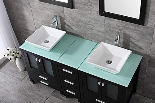 wonline 60" Black Double Wood Bathroom Vanity Cabinet and Square Ceramic Sink w/Mirror Combo Wash Basin with Faucet