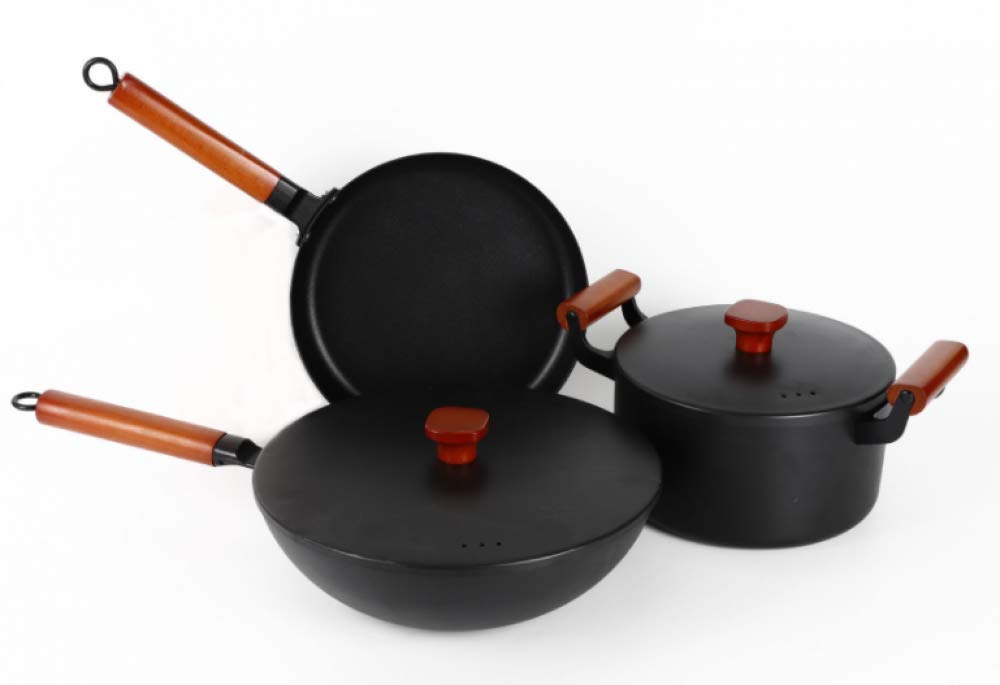 ELUKHT Non-Stick Cast Iron Cookware Set - Round Frying Pan, Wok, Stew Pot with Wooden Handle - Ideal for Household Cooking - 3-Piece (C)