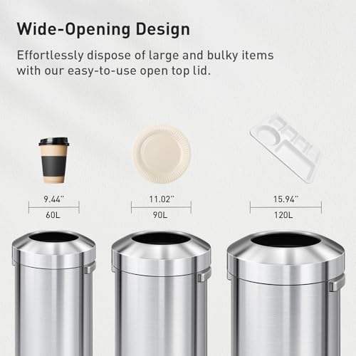 EKO Urban 24 Gallon Round Stainless Steel Open Top Waste Bin, Tall Commercial Trash Can for Indoor/Outdoor, Extra Large Metal Garbage Bin for Office, Restaurant, Restroom, 90L