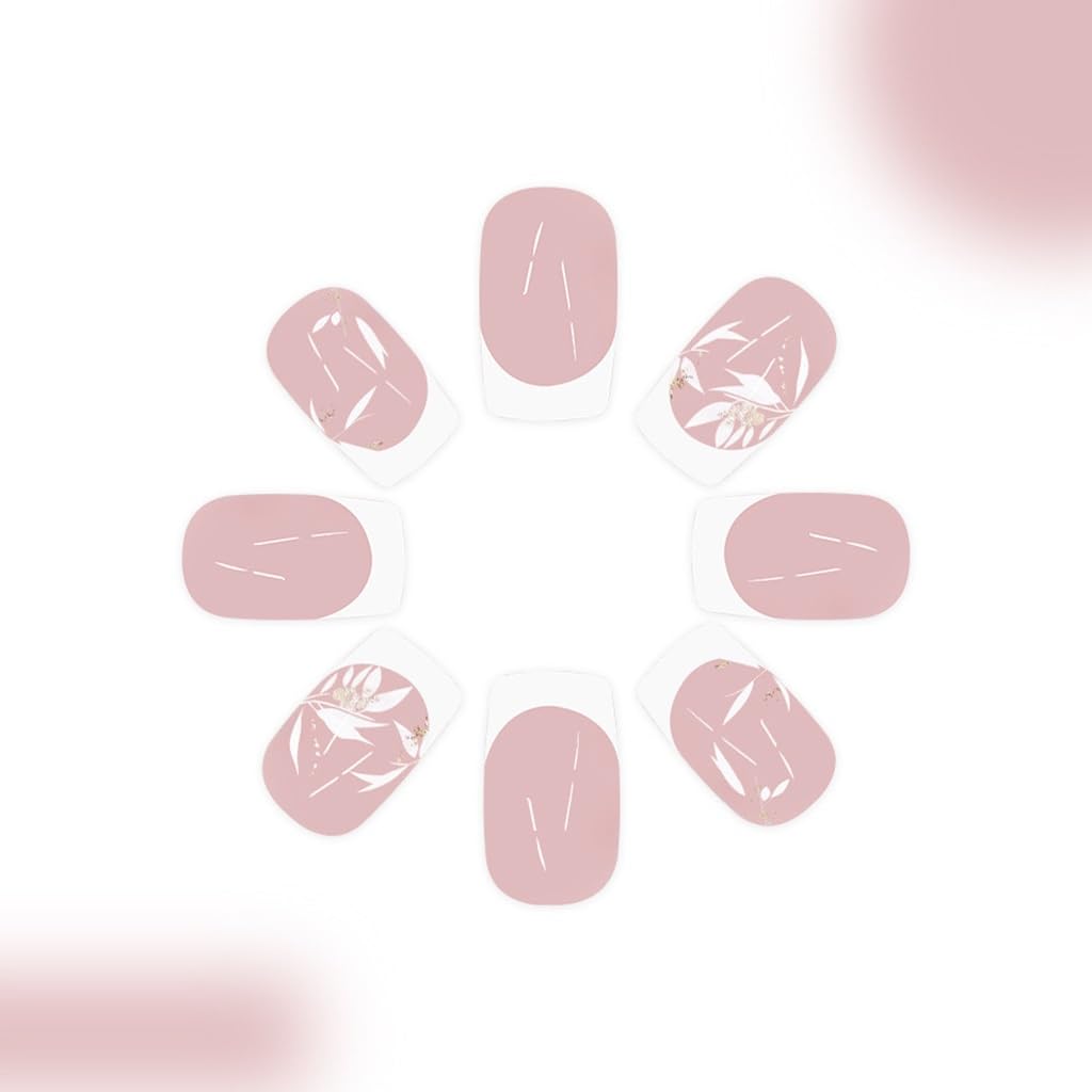 White French Tip Press on Nails Square - Short Fake Nails with Leaf Design - Fall Full Cover Stick on False Nails -for Women 24 Pcs