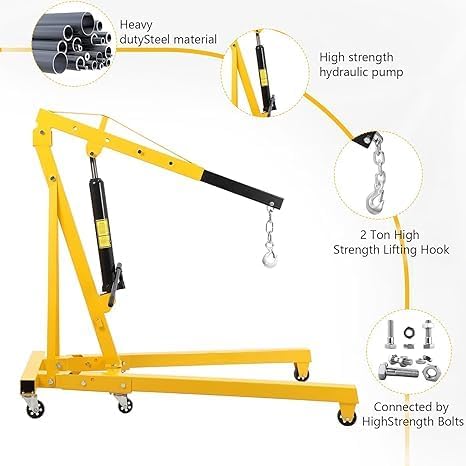 2 Ton Hydraulic Engine Hoist, 4400LBS Heavy Duty Cherry Picker Engine Hoist Lift with 6 Casters, Folding Crane Lifter with Telescopic Boom, for Workshop, Warehouse, Yellow