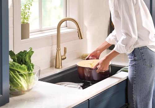 Moen Nolia Brushed Gold Kitchen Faucet with Soap Dispenser, Pull Down Sprayer with Power Boost, Transitional High Arc Kitchen Faucet, One-Handle Easy Installation, 87071BZG