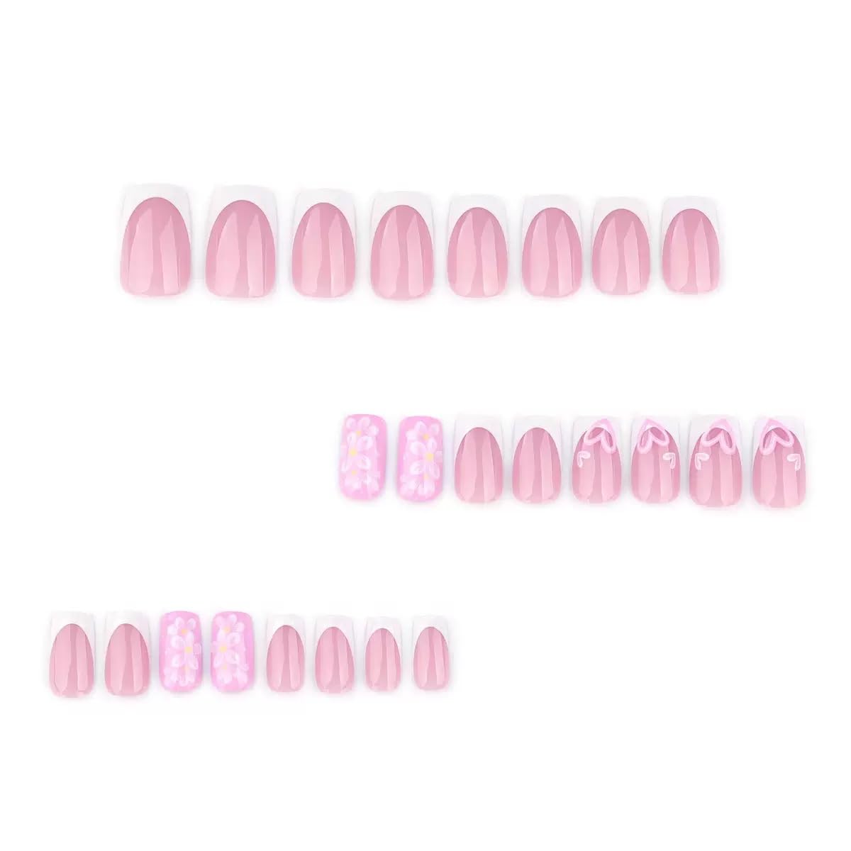 CTTHNBD Press on Nails Square - Medium Fake Nails with Flower Heart Design - White French Tip False Nails Press ons - for Women 24 Pcs