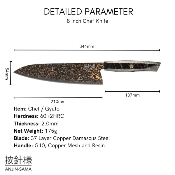 ANJIN-SAMA 8" Gyuto – Handmade Japanese CuMai Copper Damascus Chef Knife – Ultra Sharp Kitchen Chopping Knife.