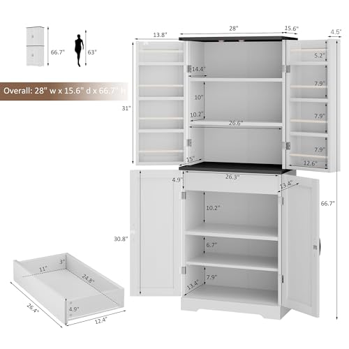 Shintenchi Kitchen Pantry Cabinet, Freestanding Farmhouse Storage Cabinet with 8 Door Shelves, 2 Cabinets and 1 Drawer, Tall Cupboard for Kitchen, Living Room, Dining Room and Bathroom, White