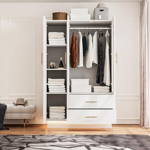 GarveeHome Bedroom Armoire Wardrobe Closet with 3 Doors & 2 Drawers, 71" Tall Wooden Large Armoire Storage Cabinet with Modern Fluted Glass & Shelves, w/Hanging Rod, Sturdy Frame, for Bedroom, White