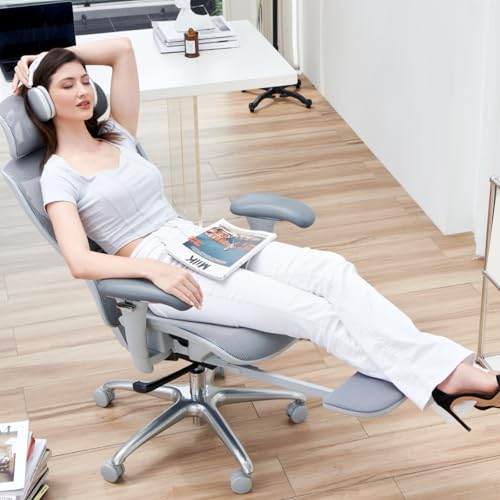 COLAMY Ergonomic Mesh Office Chair, High Back Desk Chair with Footrest, Adjustable Headrest and 3D Arms, Fixed Tilt Lock, Lumbar Support, Breathable Mesh Computer Chair for Home Office,Grey
