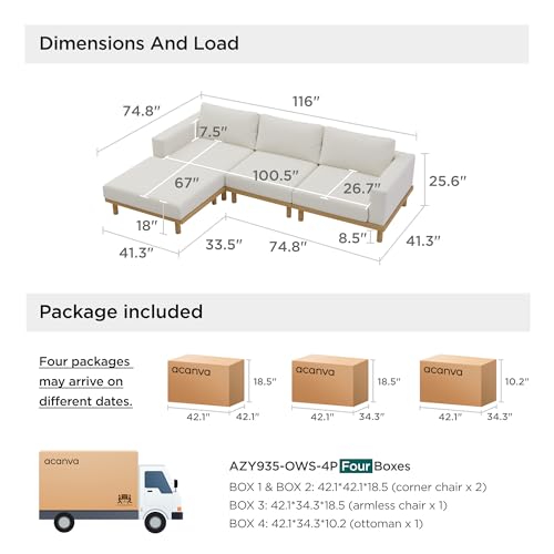 Acanva Minimalist Modular Sectional Sofa for Living Room, Wide & Deep Seat Convertible Furniture Set with Metal Frame and Movable Covers, L-Shaped Couch, Off White