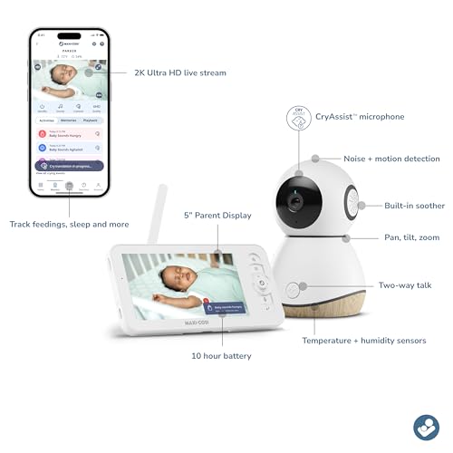 Maxi-Cosi See Pro 360 Baby Monitor with CryAssist™ AI Cry Translation, 2K HD camera with PTZ, Secure Non Wi-Fi 5 inch parent unit, 10 hour battery, Soothing Lullabies, 2-way audio
