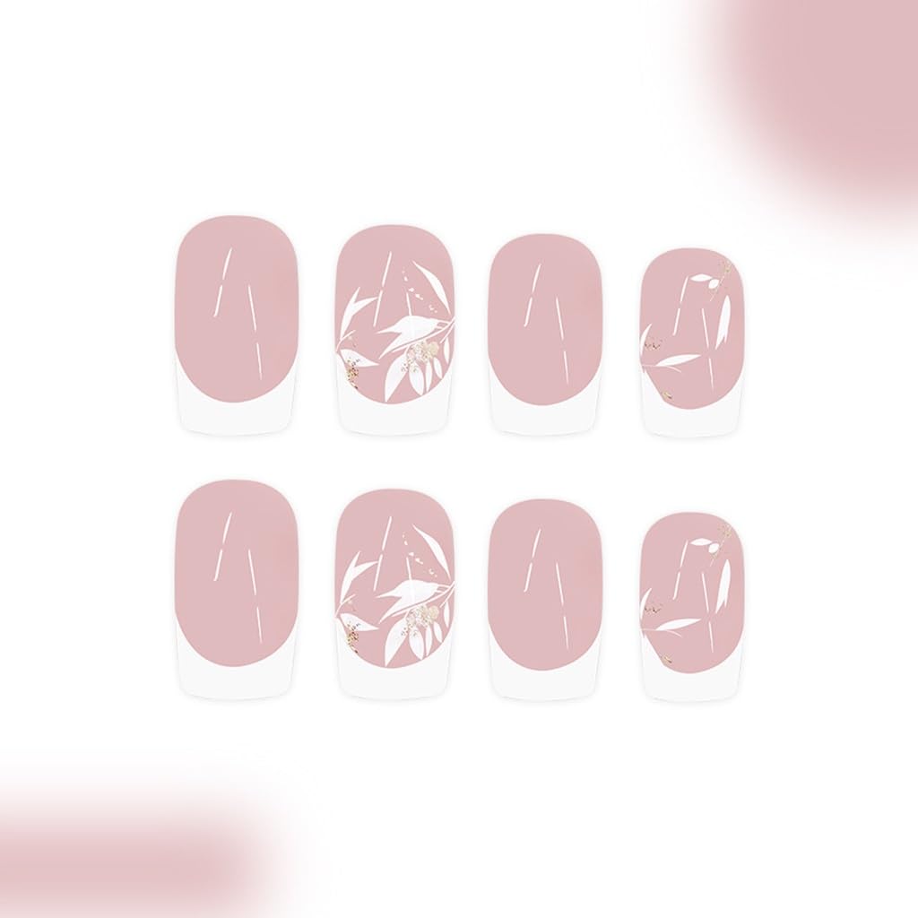 White French Tip Press on Nails Square - Short Fake Nails with Leaf Design - Fall Full Cover Stick on False Nails -for Women 24 Pcs