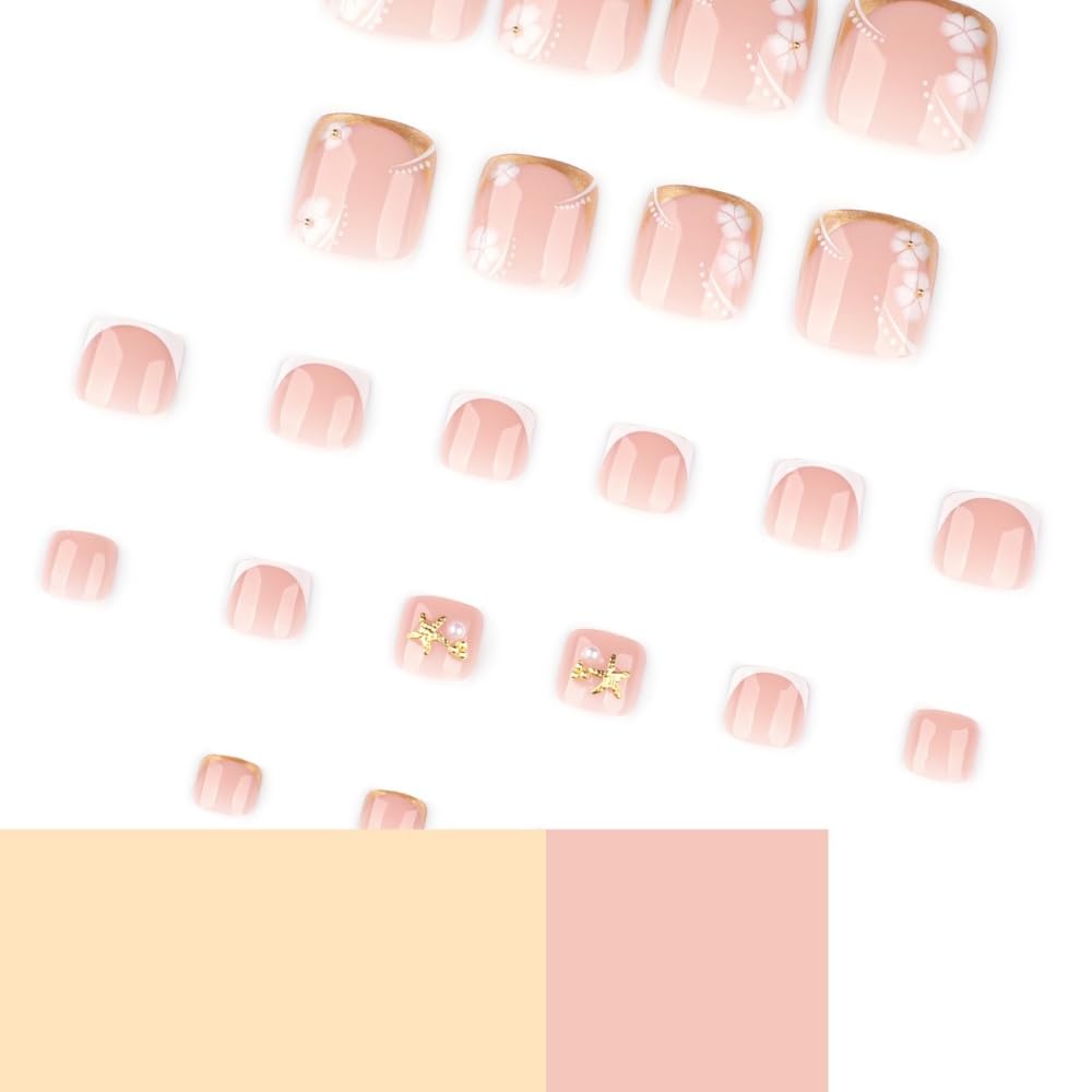 Press on Toenails Gold Fake Toenails French Tip False Toe nails Press ons with Design Floral 3D Starfish Glue on Toe Nail Acrylic Stick on Toenail for Women 24Pcs