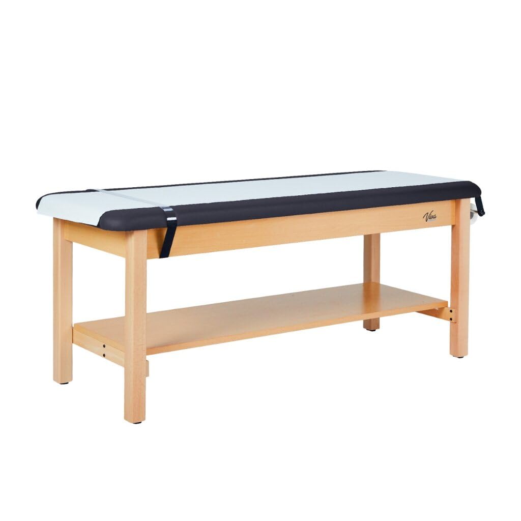 Vivacomfort Aristo H-Brace Wooden Flat Treatment Table with Shelf, 500 lbs Weight Capacity, Black